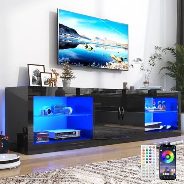 Vinctik 6&Fox 70 Inch Led TV Stand for 80/75 Inch TV, Modern Black Entertainment Center with Adjustable Glass Shelves Two Cabinets, Gaming High Gloss TV Stand with Led Light for Living Room,Black