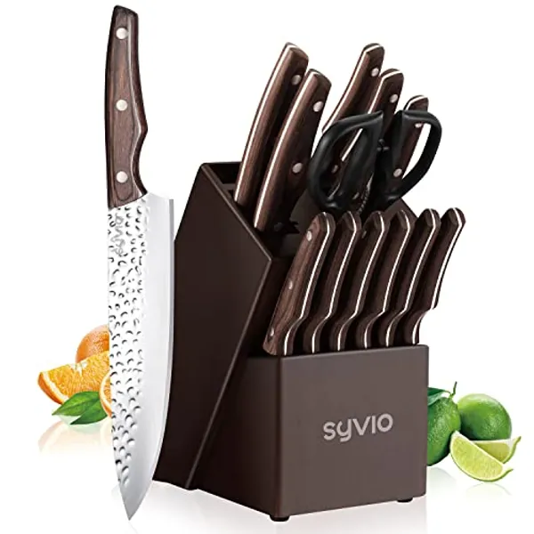 syvio Kitchen Knife Sets with Block and Wood Handle, 14 Piece with Built-in Sharpener, Kitchen Knives for Chopping, Slicing, Dicing&Cutting