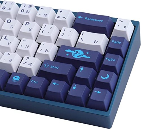 PBT Keycaps,JOMKIZ 134 Keys Blue Moon Dye Sublimation Cherry Profile Keycaps with 7U Spacebar Japanese Keycap Set for MX Switches Mechanical Keyboards - Blue and White