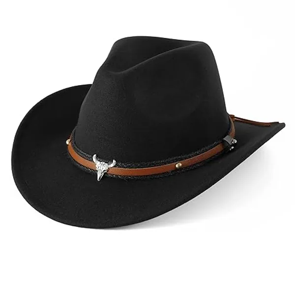 DOCILA Unisex Western Cowboy Hat Fur Faux Felt American Hats Fedora Outdoor Wide Brim Hat with Strap - Black
