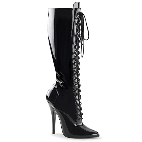 Gizelle Women's Knee High Stiletto Boots Lace Up Side Zipper Heeled Boots - 6 UK - Black Patent